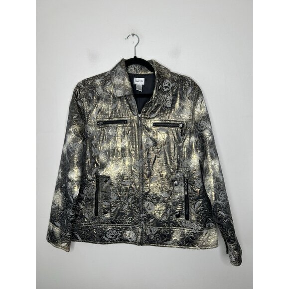Chico's Metallic Floral Moto Zip Up Lightweight Jacket Women Size Large 2 - Picture 1 of 8